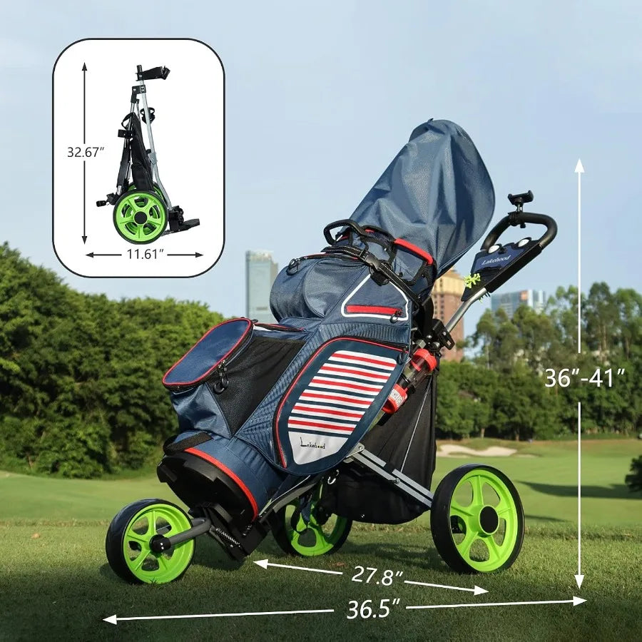 Golf Push Cart Golf Pull Cart for Golf Clubs and Golf Bag Golf Push Carts Three Wheel Easy to Folding Scorecard Holder with Mob