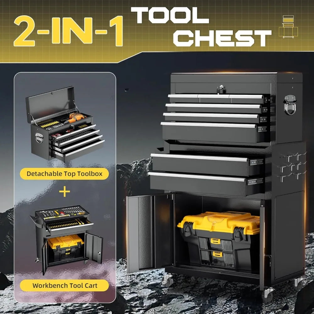 Rolling Tool Chest with Lock, Detachable Tool Cabinet Cart with Wheels, High-Capacity Mechanic Tool Organizer for Garage