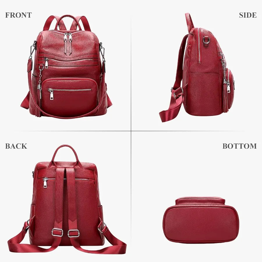 ALTOSY Genuine Leather Backpack Purse for Women Large Shoulder Bag With Laptop Compartment Multiple Pockets S106 Red