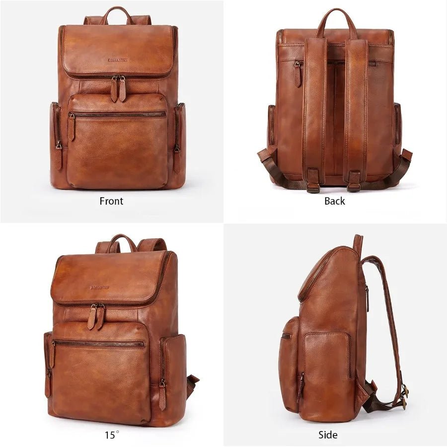 BOSTANTEN Leather Backpack for Men 15.6 inch Laptop Backpack Vintage Travel Office Bag Large Capacity Shoulder Bag Redbrown