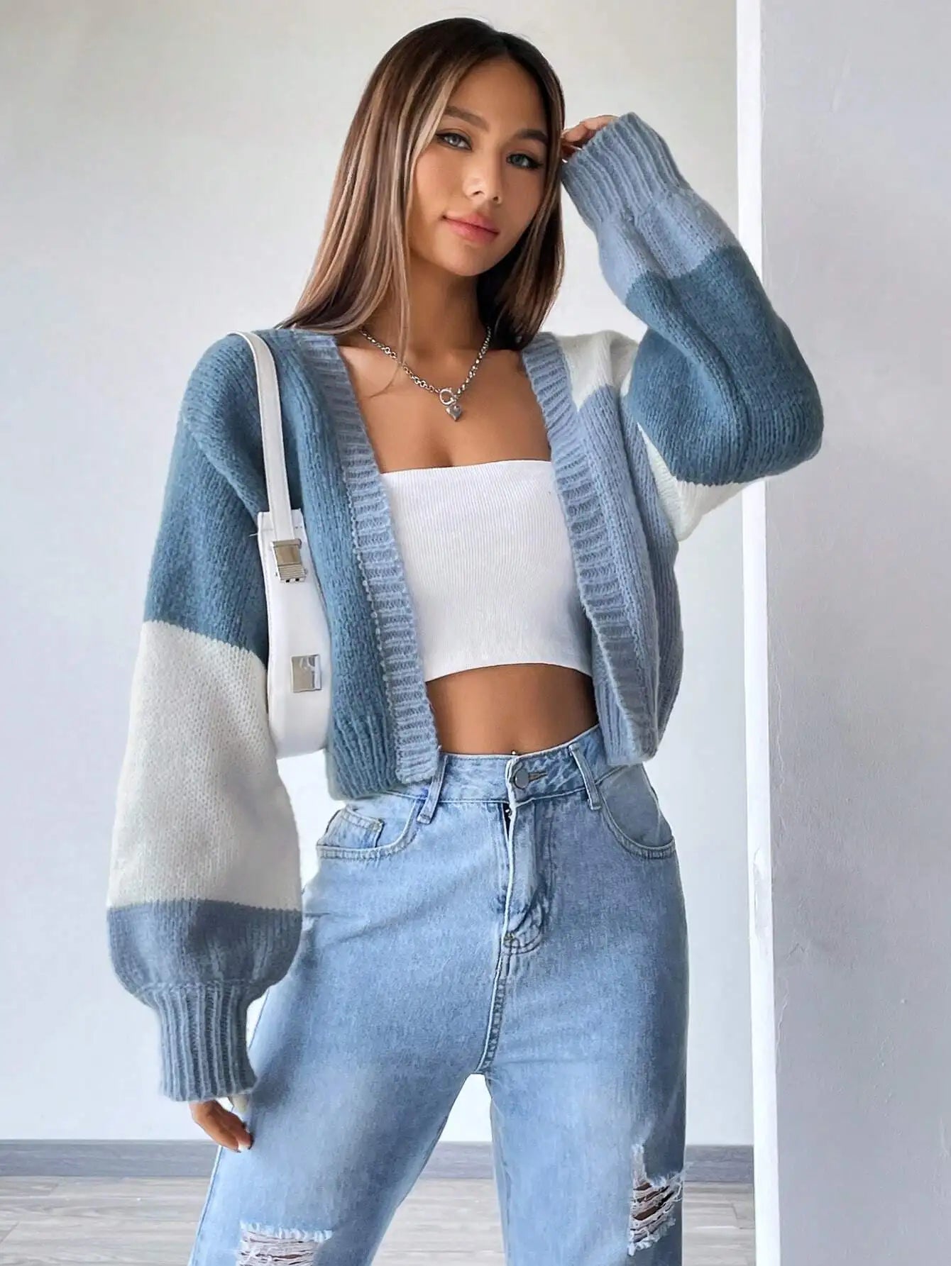 Color Block Drop Shoulder Knit Cardigan for Women, Long Sleeve Fall Winter Casual Top