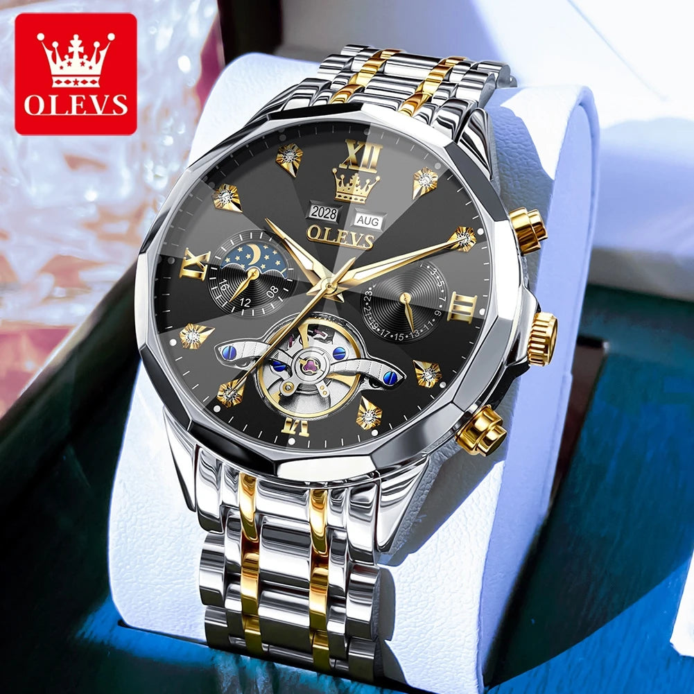 OLEVS Automatic Mechanical Mens Watch Business Wristwatch Waterproof Date Watches Moon Phase Watch for Men Luxury Brand Watch 66