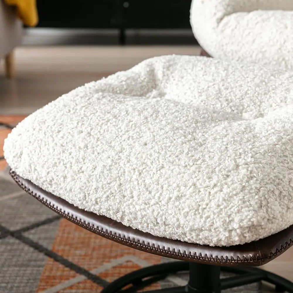 Luxury Swivel Faux Fur Accent Chair with Ottoman, Plush Tufted Lounge Chair on Metal Base for Home Reading, White