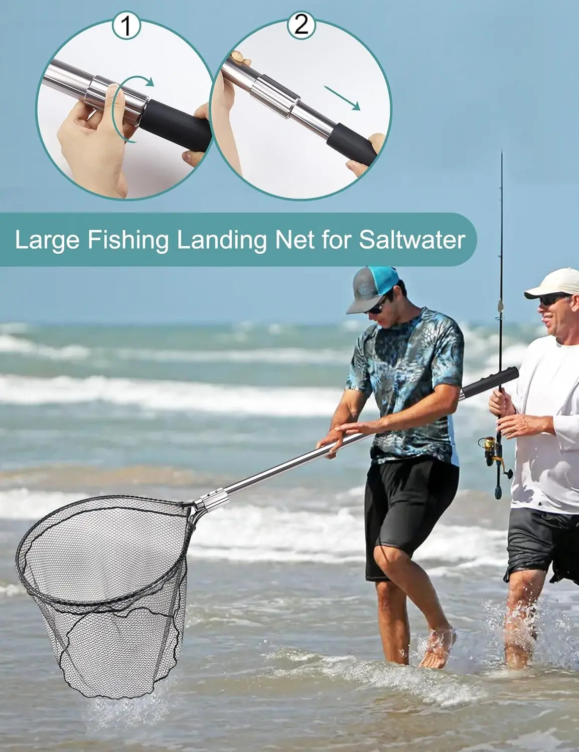 Large Telescoping Fishing Net with Rubber Mesh - Adjustable 70-94 Inch Handle for Kayak & Saltwater Fishing
