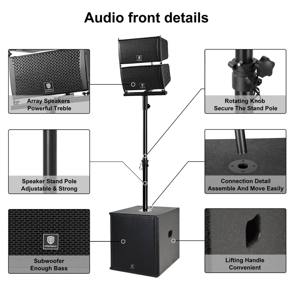 PRORECK Club 6000 15-inch 6000W P.M.P.O Stereo PA Speaker System Combo Set 4 Line Array Speakers, 2 15-inch Subwoofers with BT