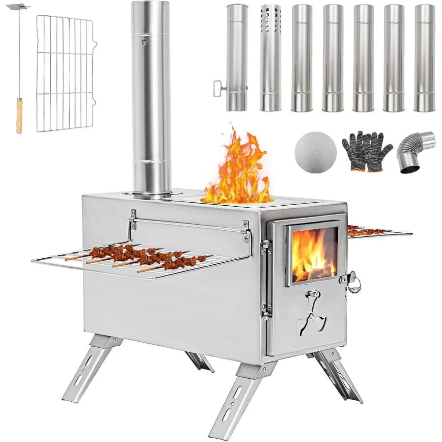HZT Hot Tent Stove Portable Wood Burning Stove with 7 Chimney Pipes Ideal for Camping Cooking Winter Heating in Remote Outdoor