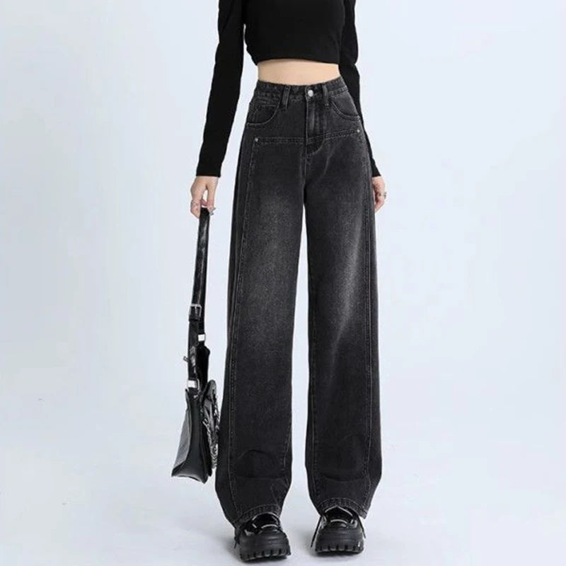 Woman New High Waist Vintage Thicken Jeans Female Casual High Street Thermal Flare Pants Girls Fashion Black Grey Denim Trousers