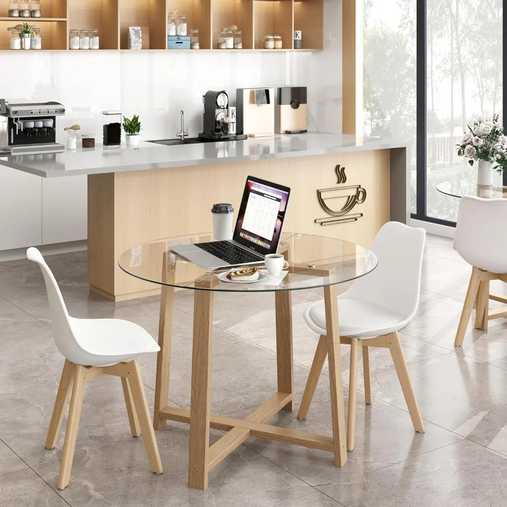 Tangkula 42-inch Round Glass Dining Table with 4-6 Seating Capacity, 0.3-inch Thick Tempered Glass Top, and 4 Upholstered Chairs