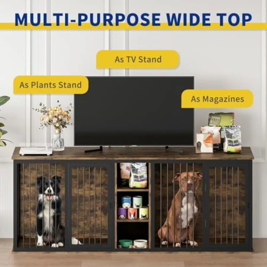 Dog Crate Furniture Indoor for 2 Dogs 79'' Farmhouse Steel Frame Wooden Dog Kennel with Adjustable Division Board and Sliding D