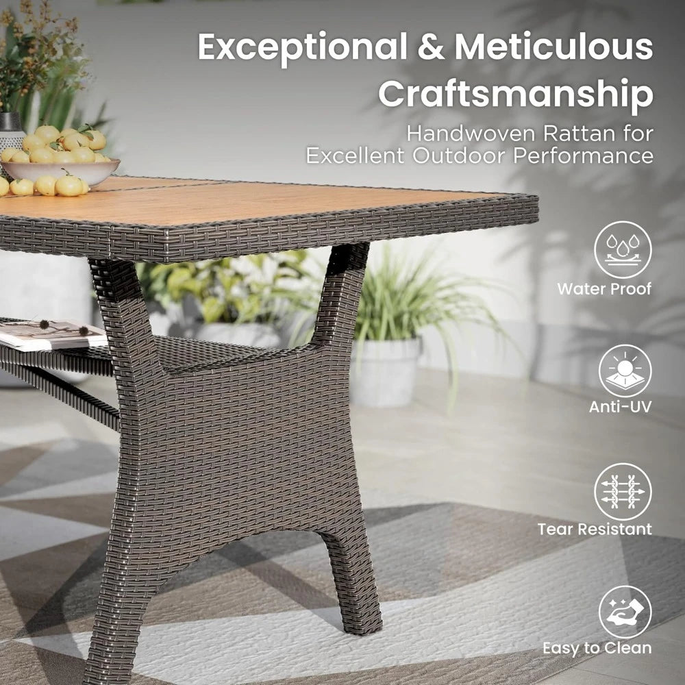 Outdoor Dining Set for 8, Rectangular Rattan Table with Acacia Wood Top & Wicker Chairs with Cushions, 74” Large Modern Furnitu