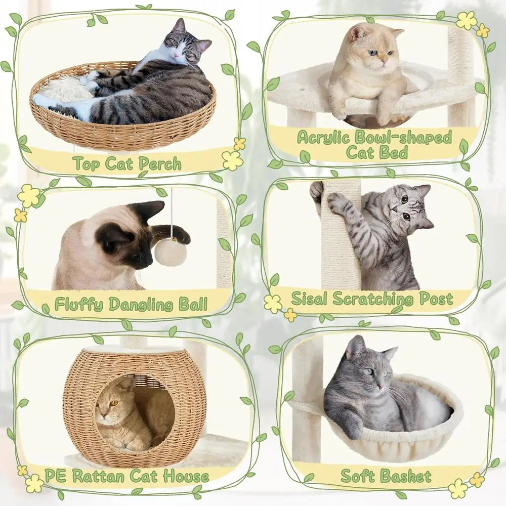 Contemporary Rattan Cat Tower with Woven Condo, Scratching Posts, Washable Cushions - Cool in Summer, Stylish Indoor Cat Furnitu