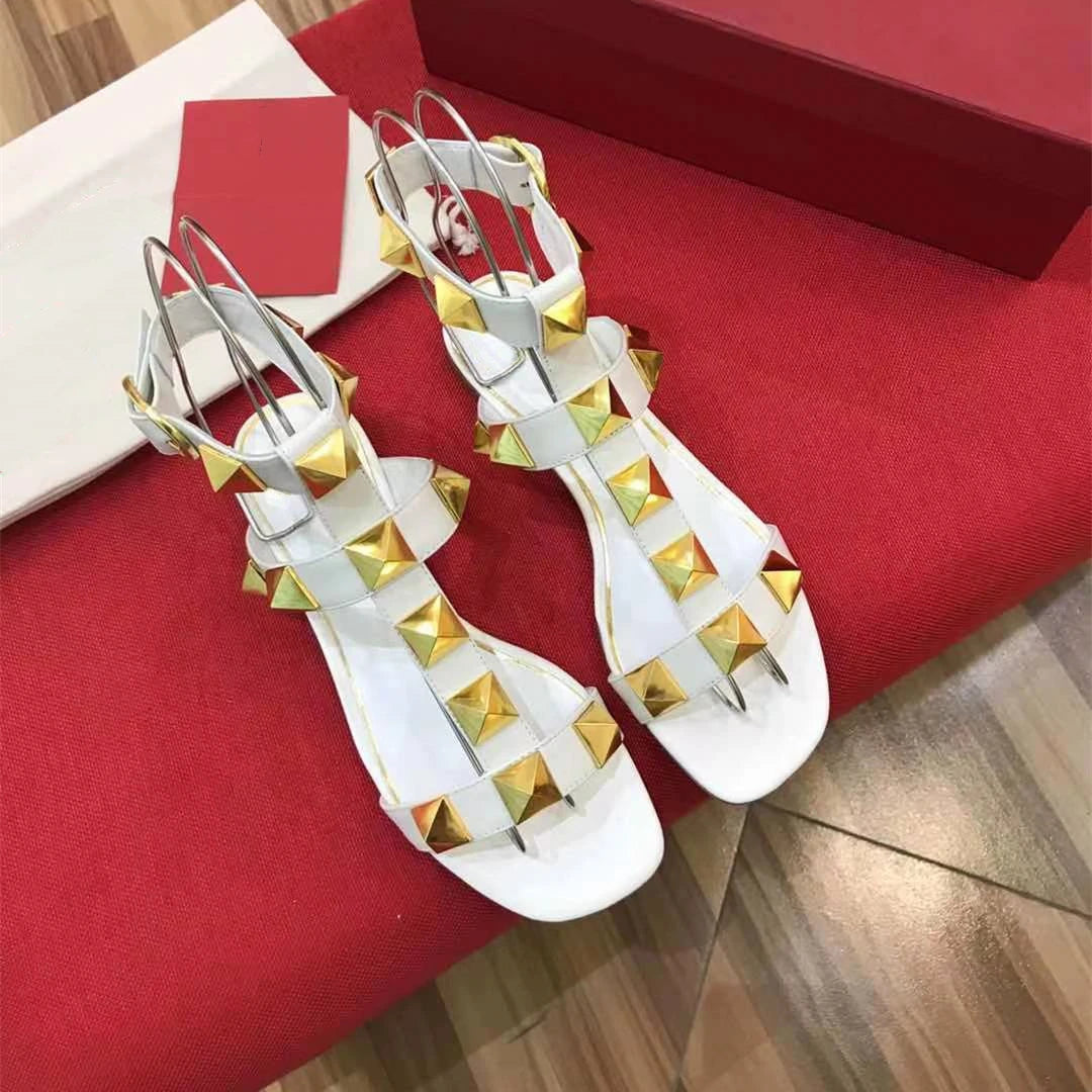 SHIYUNJIN Shoes Women Size35-42 Genuine Leather Sandals Rivet Pumps Summer Leisure Flats Buckle Strap Designer Shoes Zapatillas