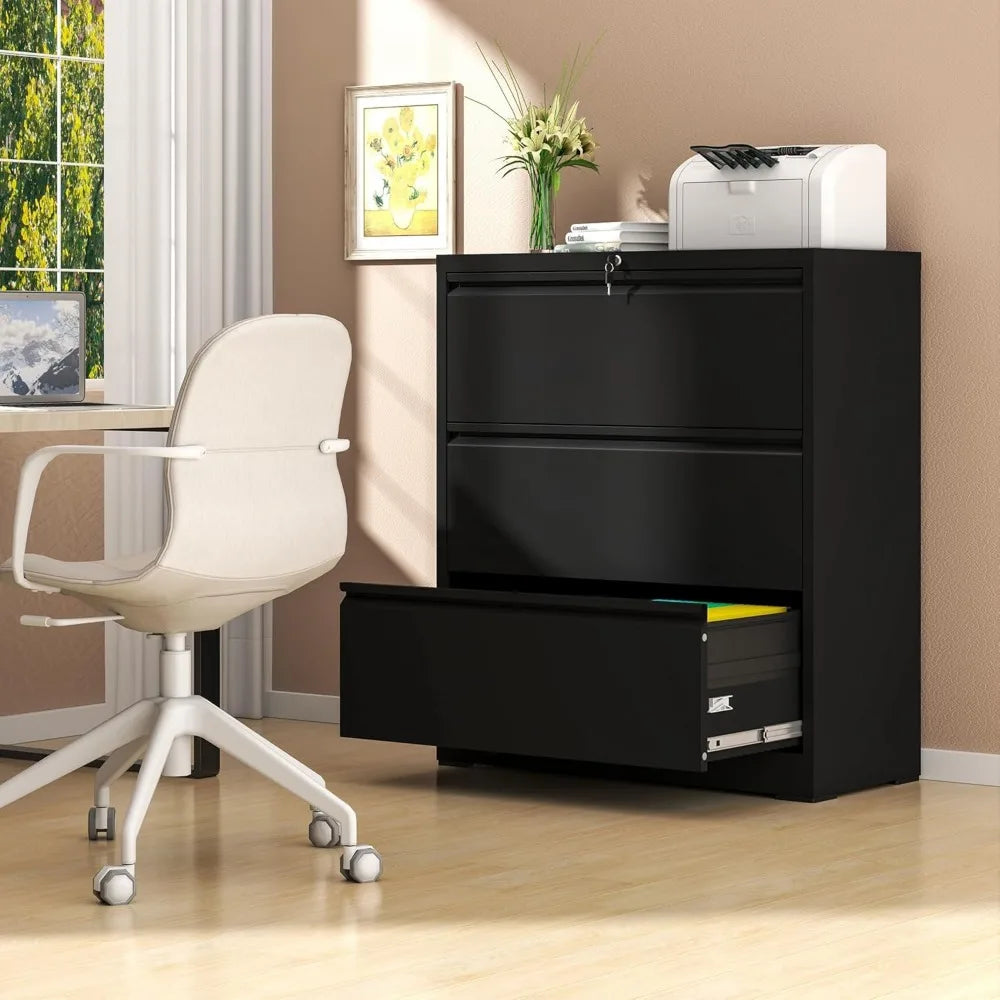 File Cabinet with Lock, 3 Drawer Lateral Filing Cabinet for Home Office, Black Metal Heavy Duty File Cabinets for Hanging Letter