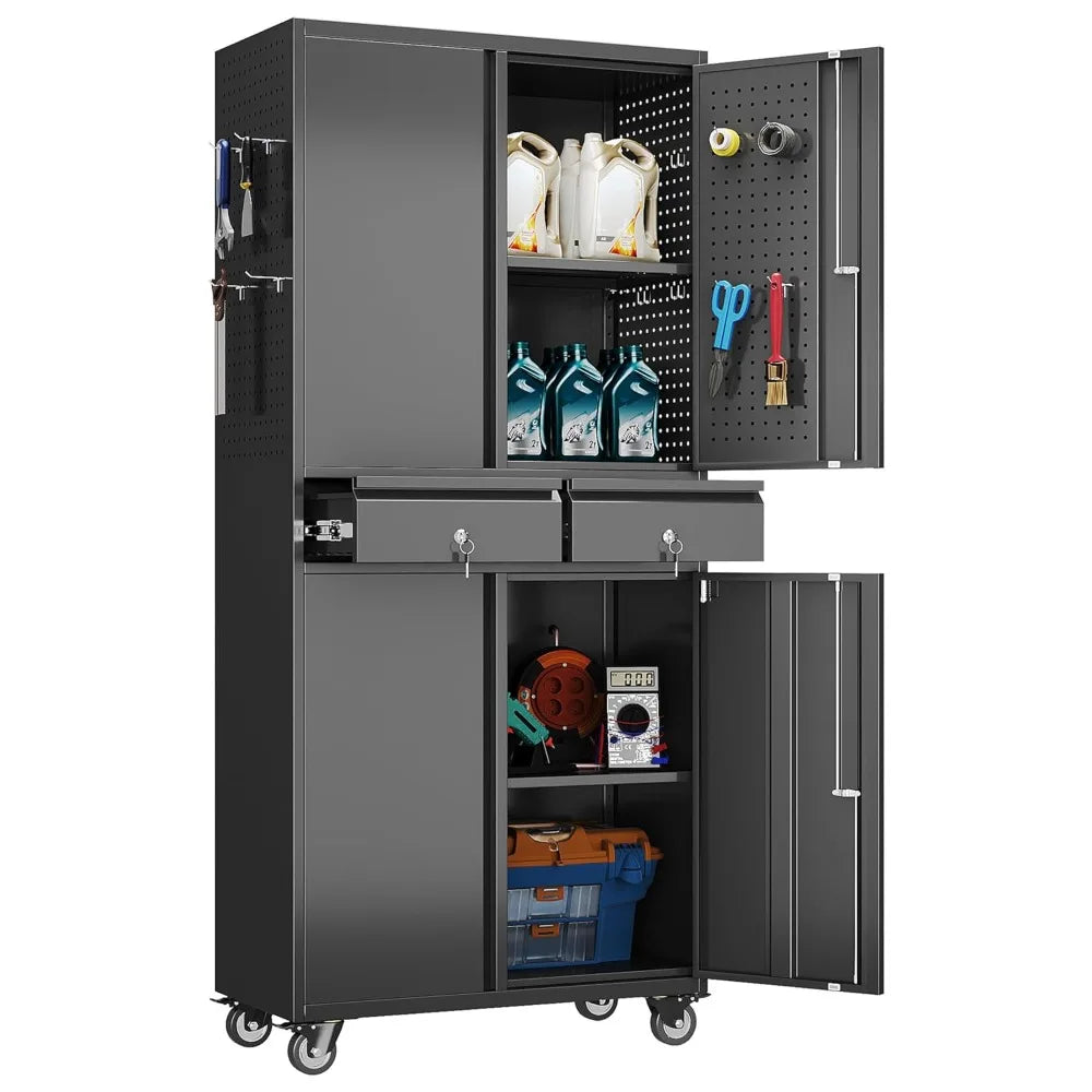 71" Metal Garage Storage Cabinet with 8 Hooks and Pegboards,2 Drawer Rolling Tool Storage with Locking Doors and, Customized