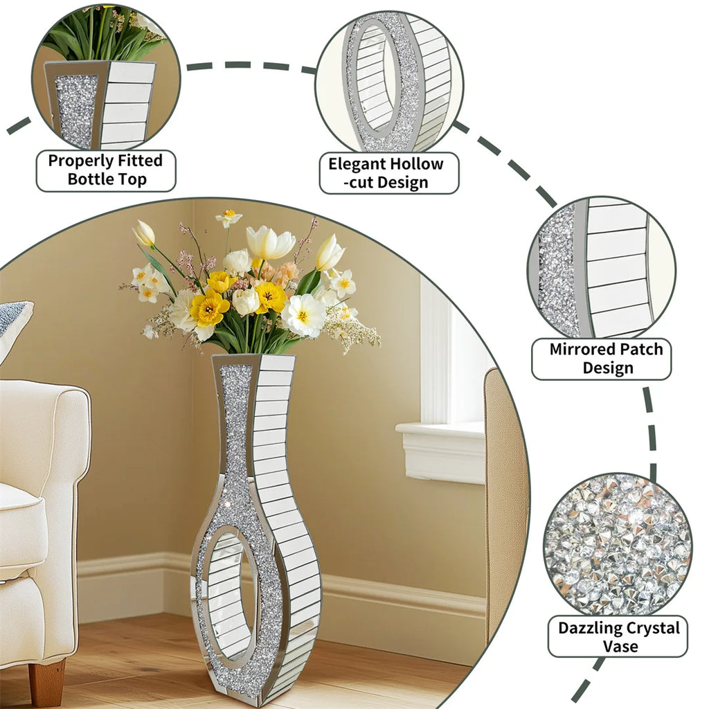 Designed Modern Flower Vase Silver Crystal Mirrored Floor Vase Home Decorative Standing Flower Vase