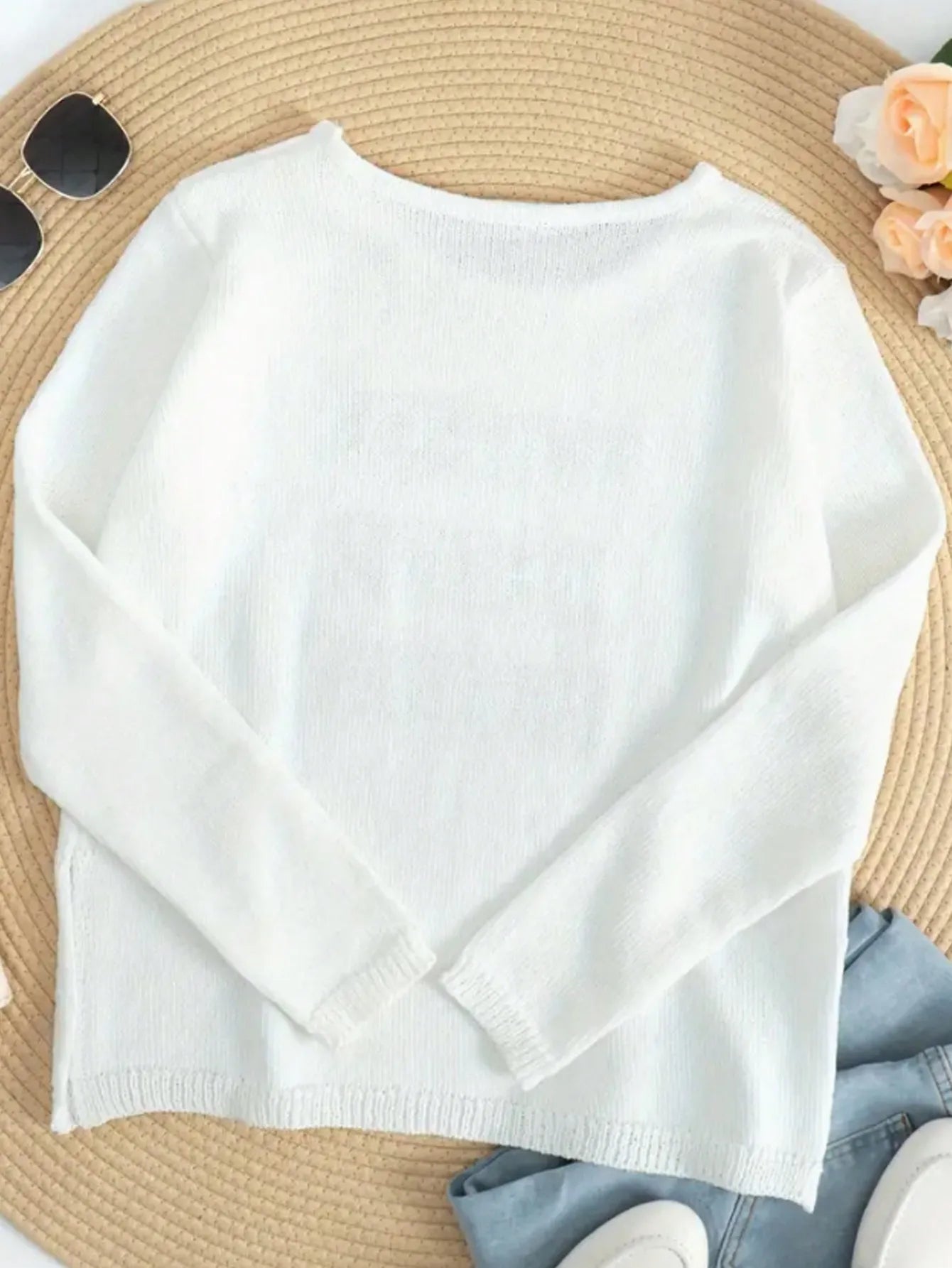 White Coffee Beach Repeat Letter Knit Sweater, Long Sleeve Side Slit Casual Pullover for Women
