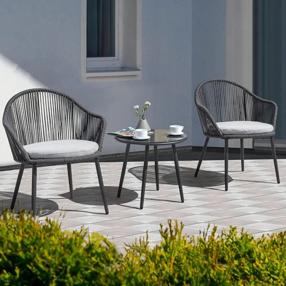 3 Piece Outdoor Bistro Set, Woven Rope Conversation Patio Set, All Weather Patio Furniture Chairs and Table with Cushions