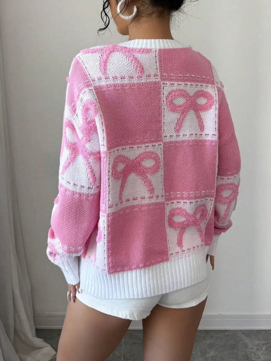 Pink & White Checkered 3D Bow Knit Pullover Sweater, Round Neck, Fall Winter Casual Style