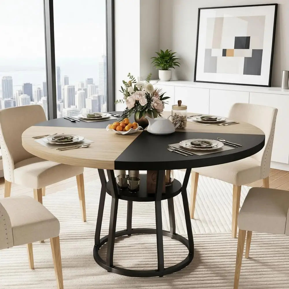 Round 47 Inch Farmhouse Dining Table, Space-Saving Wood Kitchen Furniture with Storage and Metal Legs, Black Wood Circle Dinner