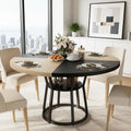 Round 47 Inch Farmhouse Dining Table, Space-Saving Wood Kitchen Furniture with Storage and Metal Legs, Black Wood Circle Dinner