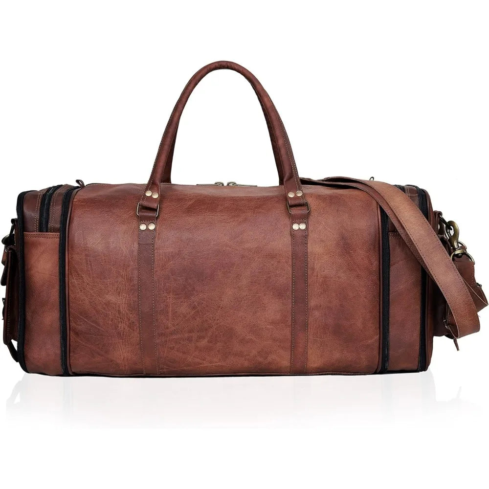 Vintage 24 Inch Genuine Leather Duffle Bag - Handmade Men's Travel Case, Medium Overnight Carry-On Luggage for Weekend Trips