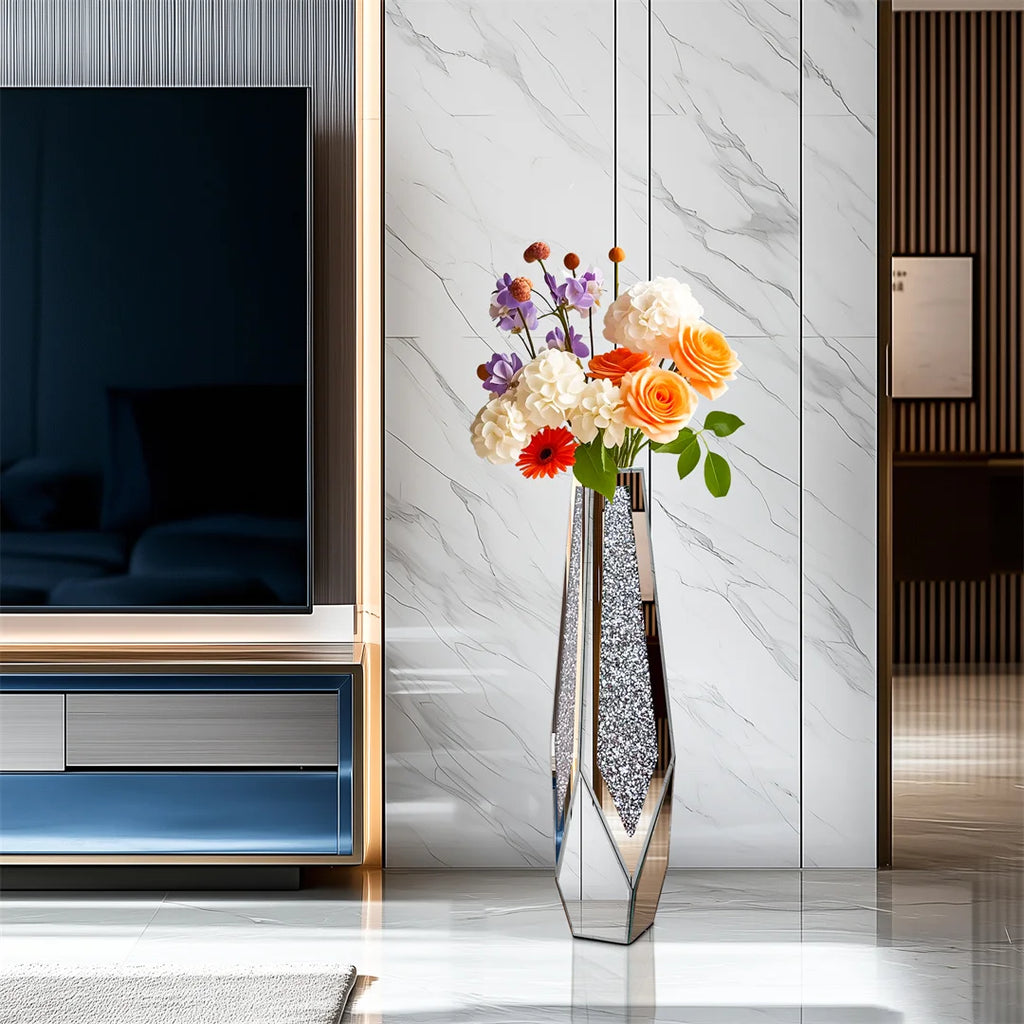 34” Tall Standing Flower Vase Crushed Diamond Mirrored Silver Glass Decorative Flower Vase Corner Vase for Home