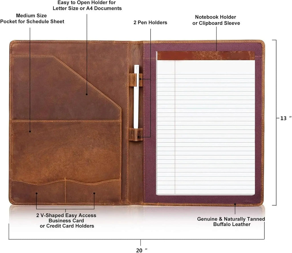 Genuine Leather Portfolio with A4 Document Folder, Professional Writing Padfolio Organizer for Men and Women