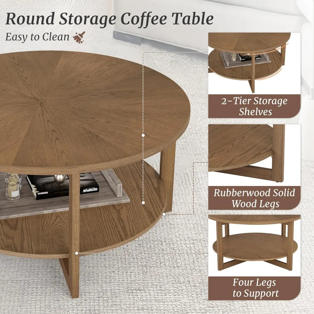 Rustic Modern 35 Circle Coffee Table with 2-Tier Storage Shelf, Dark Wood Living Room Furniture
