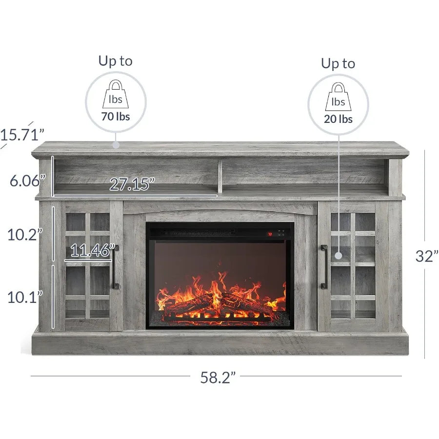 Traditional 58 Rustic TV Stand with 23 Electric Fireplace Heater and Sound Media Entertainment Center Console Table for TV up t