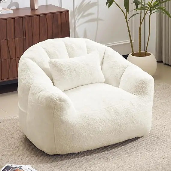 Oversized Bean Bag Chair with Pillow for Adults - Comfy Fluffy Faux Rabbit Fur Lazy Floor Sofa, Lounge Boneless Accent
