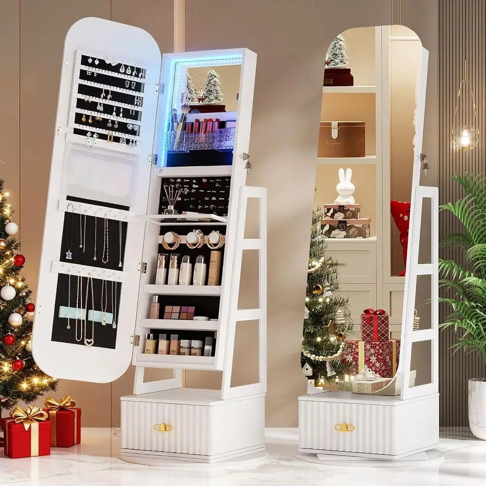 Swivel jewelry organizer with Full Length Mirror with Lights, Jewelry Armoires Cabinet Standing with Drawer, Large Mirror Storag