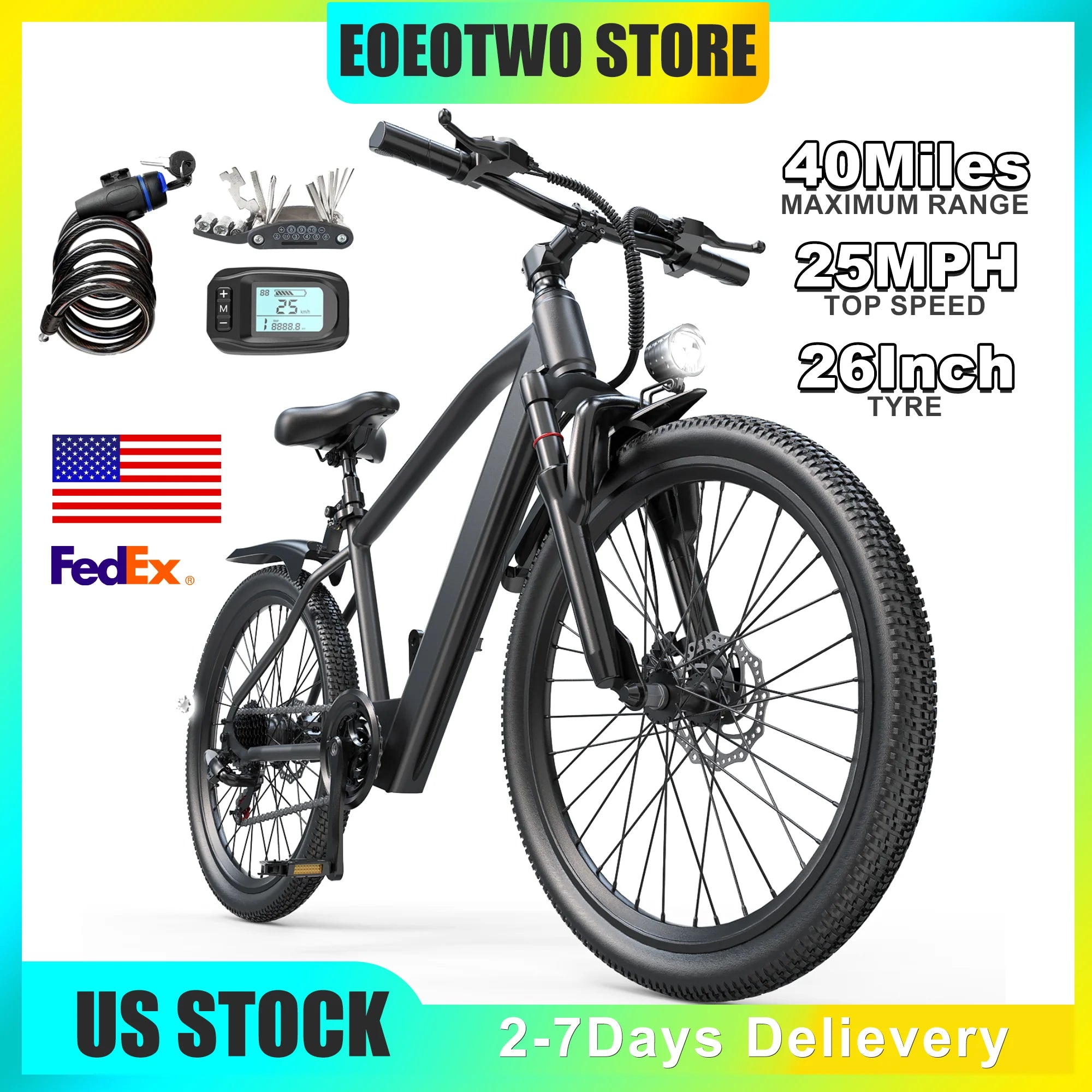 Electric Bike Adults 26 Inch Tire Mountain E-bike 750W Peak Motor 25MPH SHIMANO 7-Speed Electric Bikes High Speed NFC