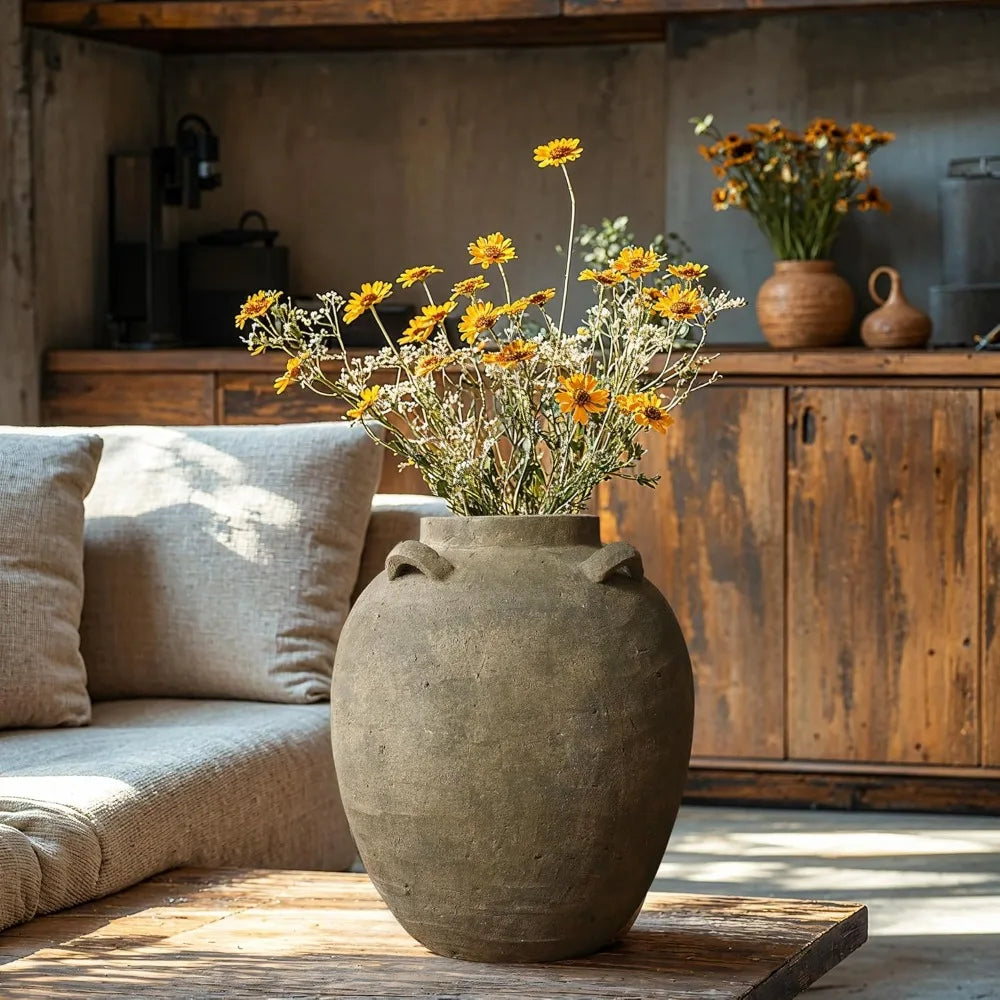 Rustic Ceramic Flower Vase, 15 Inch Tall Brown Terracotta Cauldron Vase for Living Room Decor, Large Floor Vase Home Déc