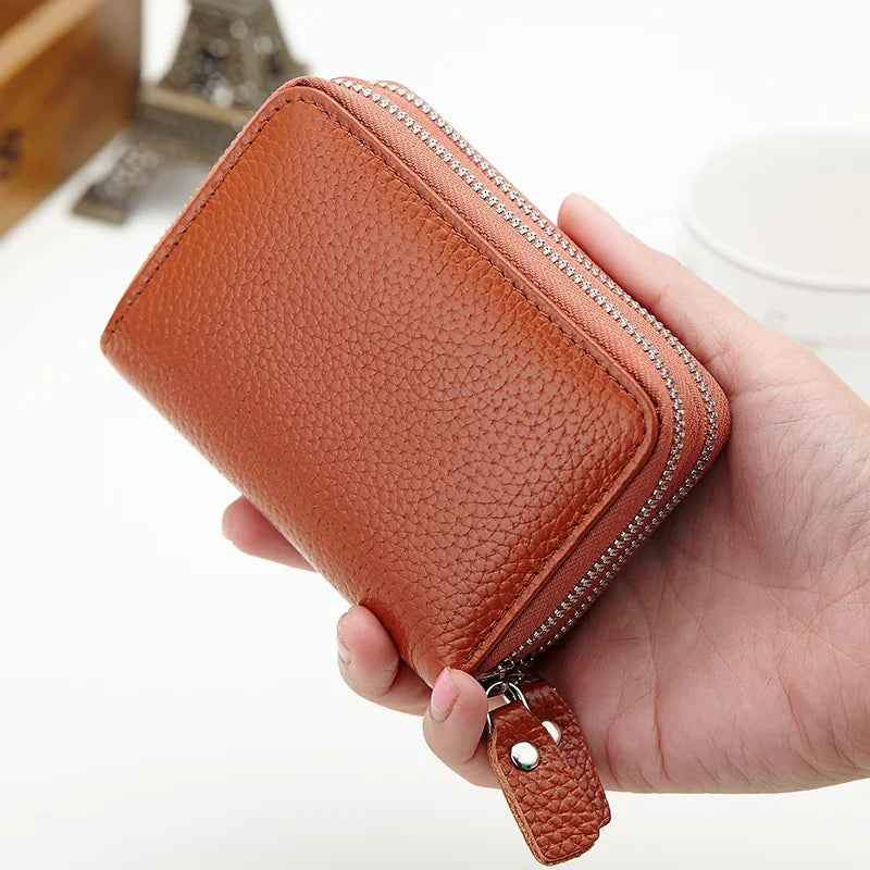 Genuine Leather Men & Women Mini Short Wallet Cow Leather Coin Purse Solid Card Holder Accordion Card Slots Double Zipper Pocket