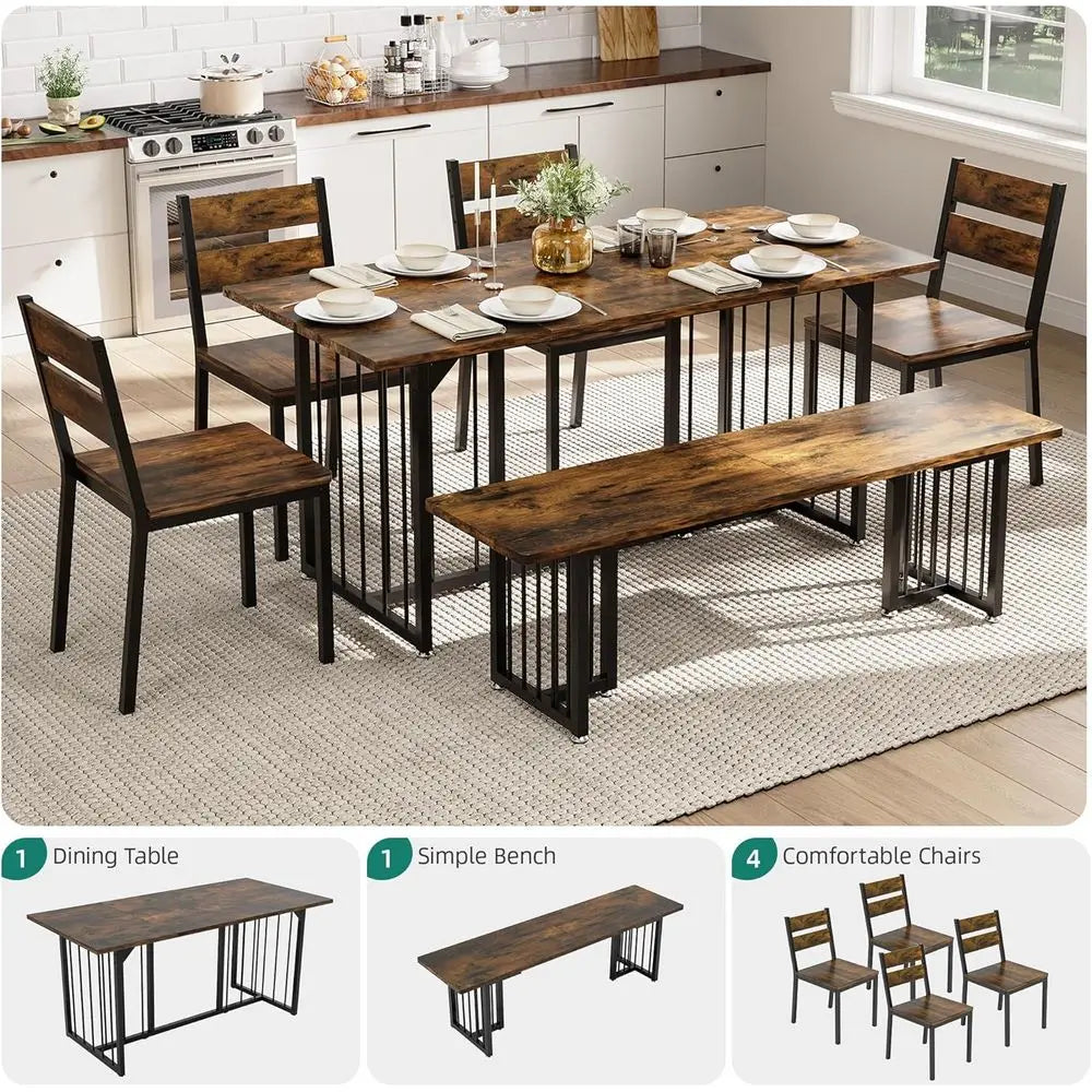 Farmhouse 6-8 Person Rectangular Dining Set, 63 Table with 4 Chairs & 2 Benches, Rustic Brown, Space-Saving for Kitchen