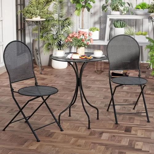 2-Seat Metal Patio Bistro Set with Round Table and Folding Chairs for Outdoor Garden and Porch