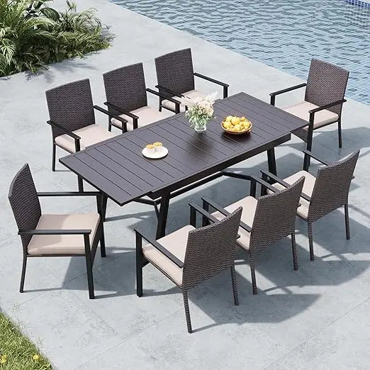 Patio Table and Chairs, Patio Dining Set for 8, Expandable Outdoor Table with Chairs, 9 Pieces Outdoor Rattan Dining, A