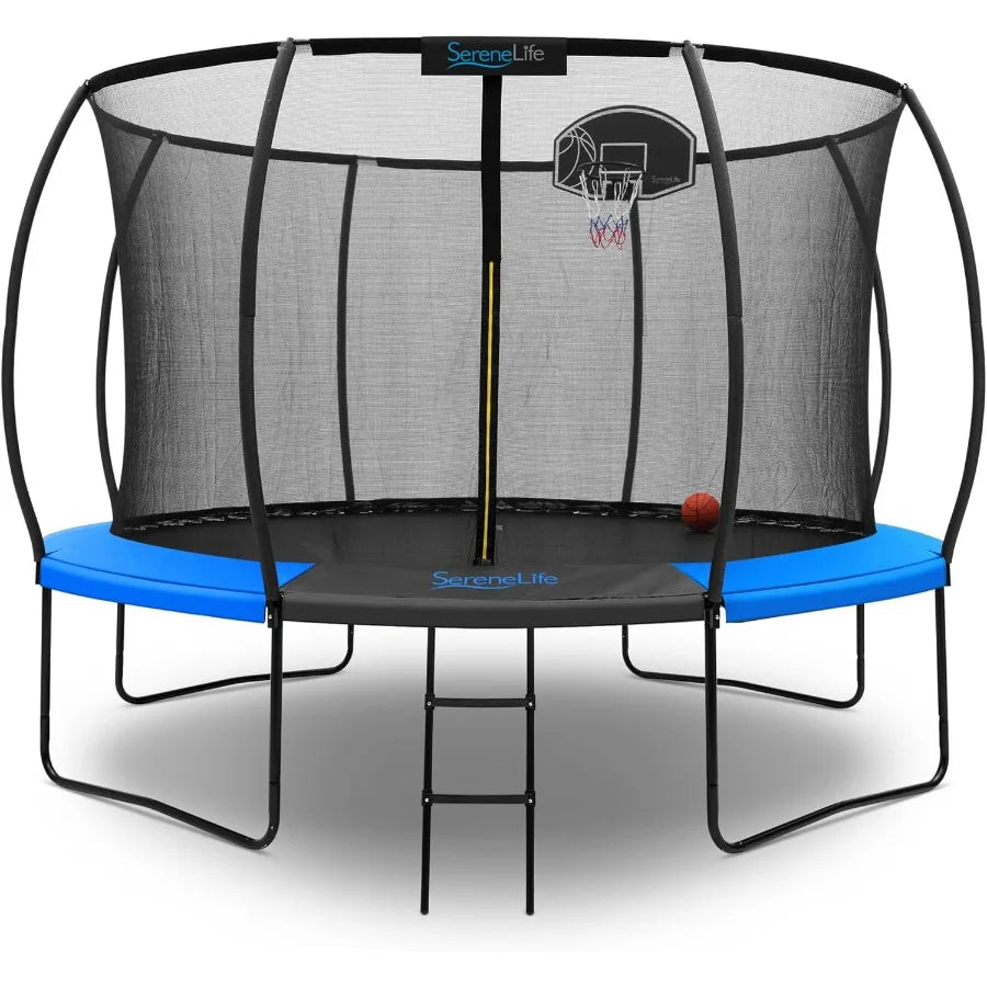 12FT Outdoor Trampoline for Recreational Backyard Trampoline with Curved Safety Poles and Net Enclosure- ASTM Approval for Adult