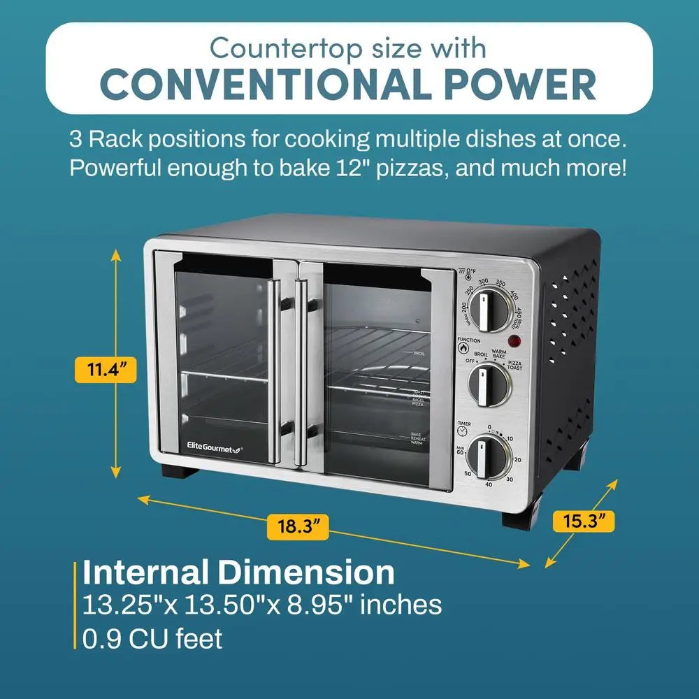 Double French Door Toaster Oven 25L Capacity Bake Broil Toast Keep Warm 1500W Precision Cooking Timer Multi Rack Positioning