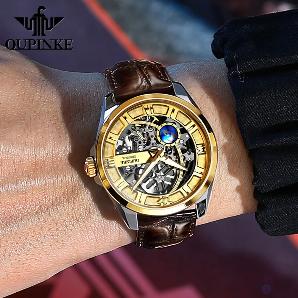 OUPINKE Men's Automatic Mechanical Watch Skeleton Design 50M Waterproof Sapphire Mirror Leather Strap Male Watches 3268