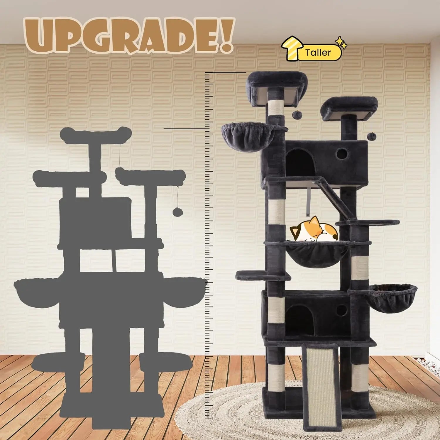 81in Multi-Level Tall Cat Tree Tower for Indoor Kitties with Hammock, Scratching Posts, and Wide Base in Dark Grey