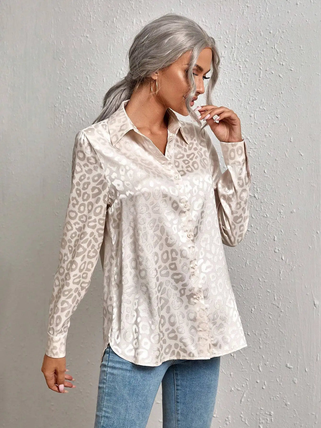 Leopard Jacquard Satin Button Down Shirt for Women, Long Sleeve Elegant Top