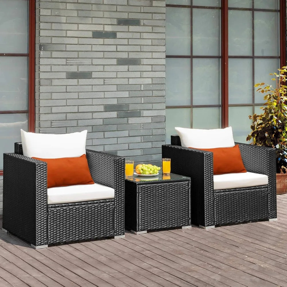 COSTWAY 3-Piece Outdoor Patio Furniture Set, Cushioned Armchairs and Tempered Glass Coffee Table, Wicker Rattan Sofa Set for Gar