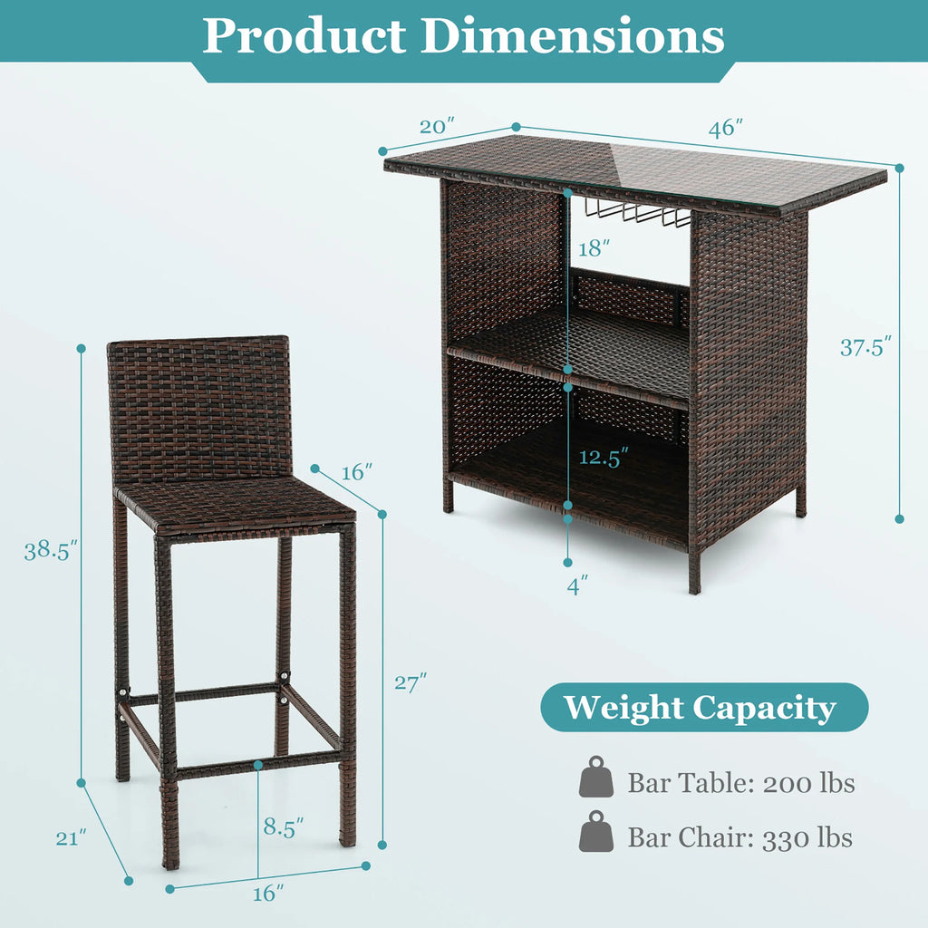 Patio 3PCS Wicker Bar Set Height Table Two Stools with 3 Rows Stemware Racks Garden