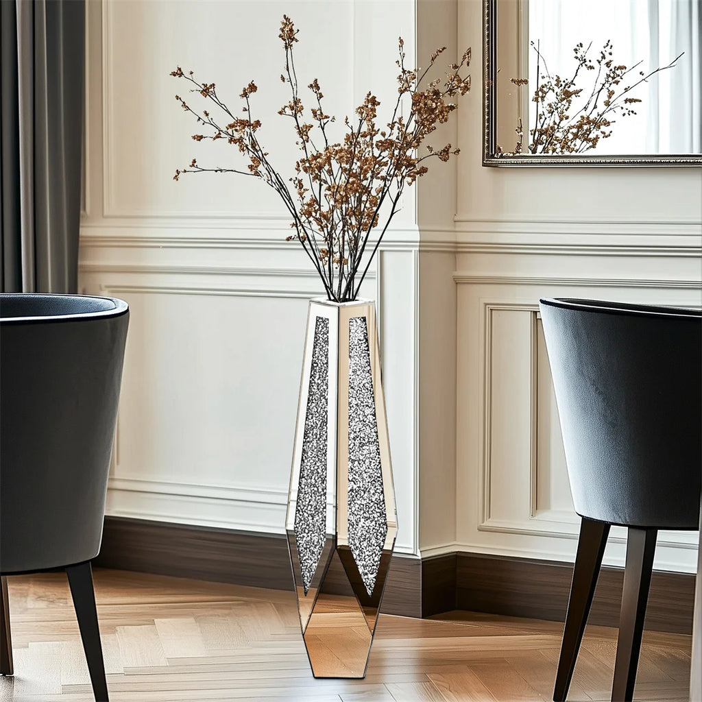 34” Tall Standing Flower Vase Crushed Diamond Mirrored Silver Glass Decorative Flower Vase Corner Vase for Home