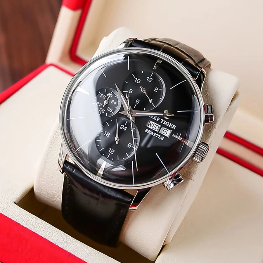 reef tiger Men's Mechanical Watch, Fully automatic multi-functional dual calendar Business men's watch, Men's clock RGA1699