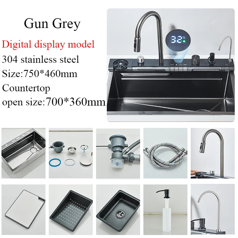 Grey Stainless Steel Waterfall Kitchen Sink Large Single Slot Integrated Digital Display Faucet Set Soap Dispenser Cup Washer