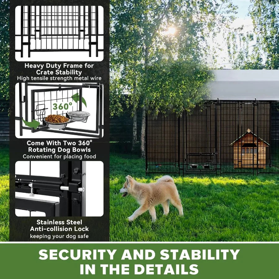 8x4x6FT Outdoor Dog Kennel Heavy Duty Welded Wire Steel Dog Pen with Waterproof Roof Cover and 2 Rotating Dog Bowls in Black fo