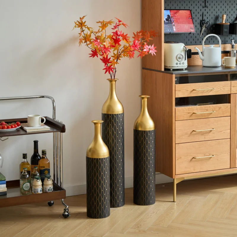 Elegant Floral Display Floor Vase Set Of 3 Black And Gold Metal For Mother'S Day Wedding Home Living Room Decoration Vase USA