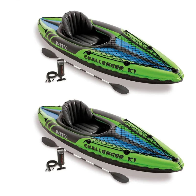 Challenger K1 1 Person Durable Vinyl Streamline Sporty Kayak with Inflatable Seat and Backrest, Oar, Pump, Carrying Bag